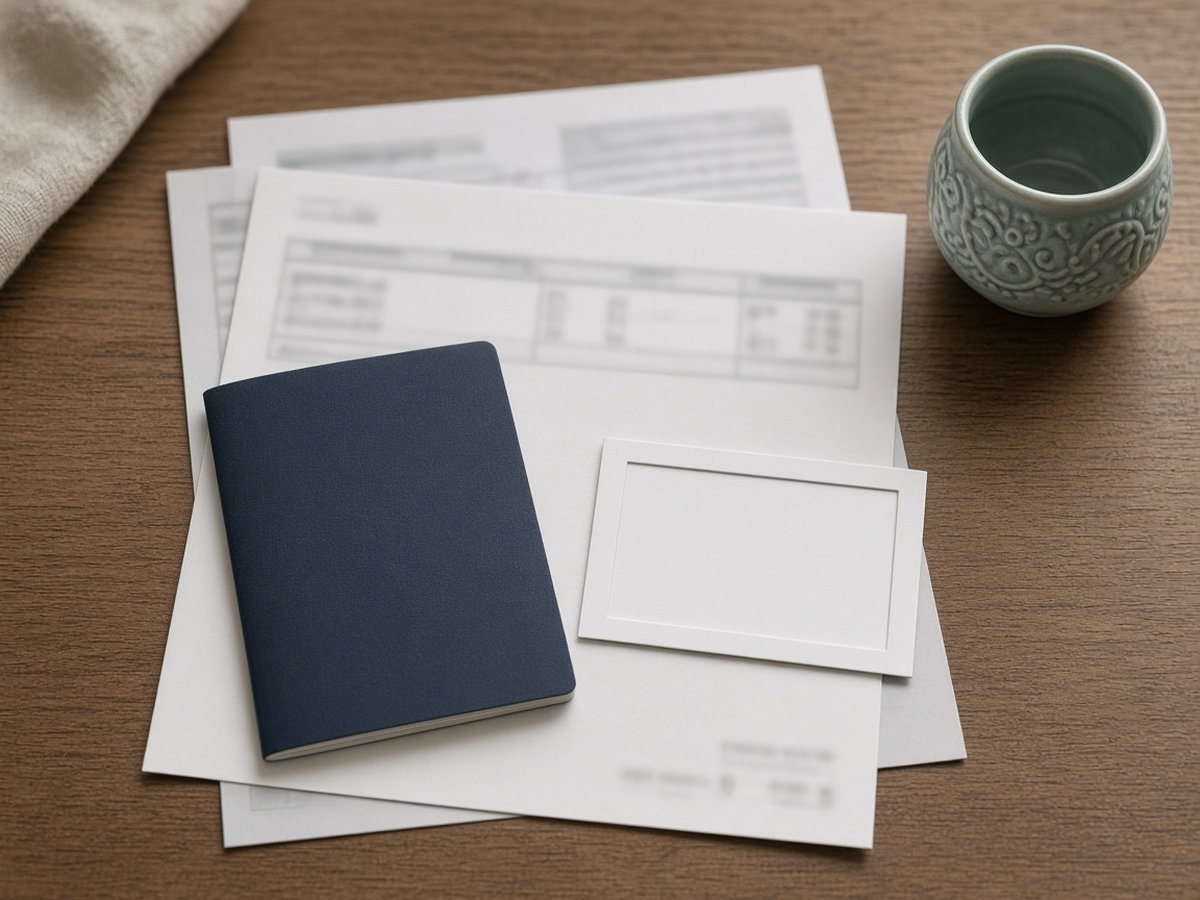 Korean tourist visa document set with passport, photo card and itinerary beside a celadon cup