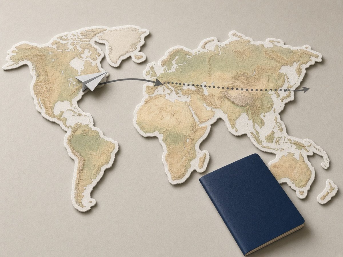 Map showing an arrival route and an onward dotted route to a third country, with a passport