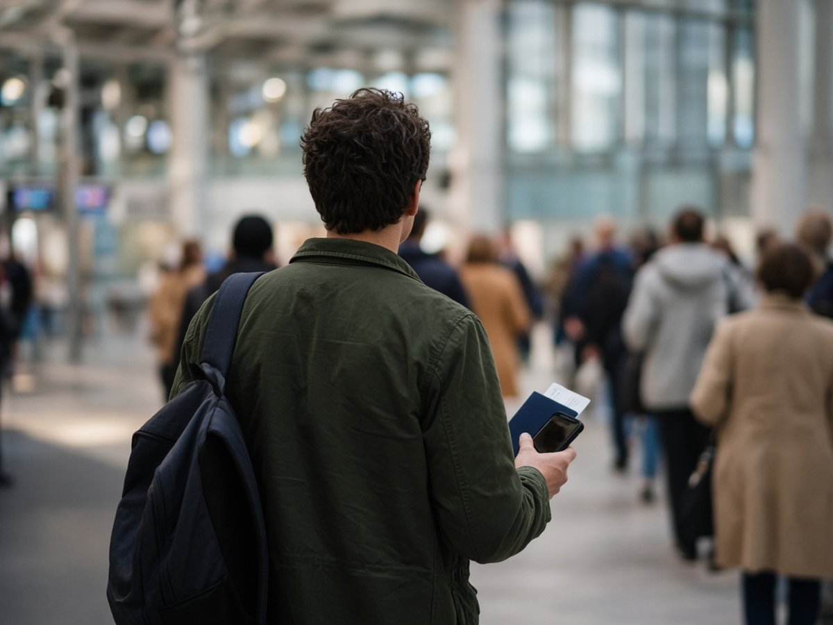 Traveller holding a passport and phone in an airport queue