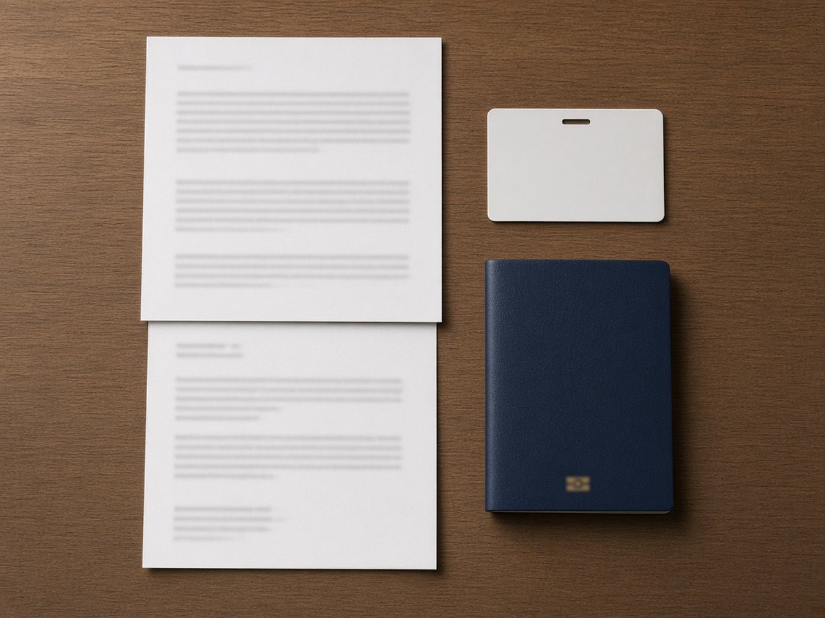 Flat-lay of a hotel reservation, flight itinerary, key card and passport